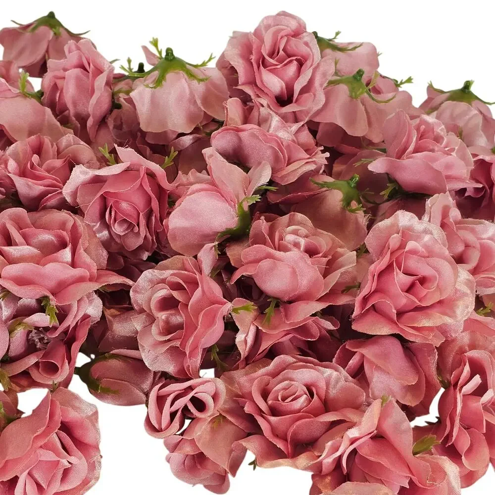 105 Pink Satin Rose Heads Lot Open Roses Buds Stemless Wedding Craft Flower